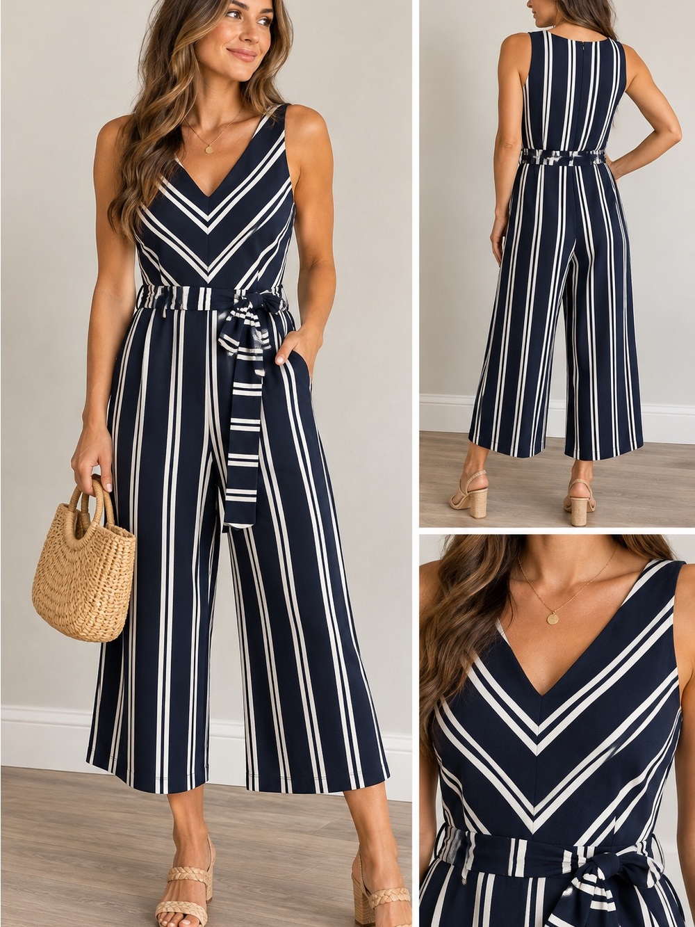Ann Taylor Navy & White Striped Sleeveless Wide-Leg Jumpsuit